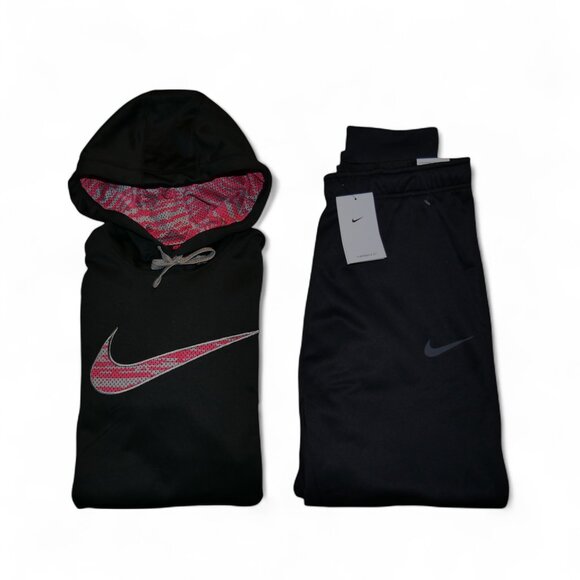Nike Therma-Fit Sweatsuit Men's Size L-XL Black/Red Big Swoosh Outfit Set NWT
